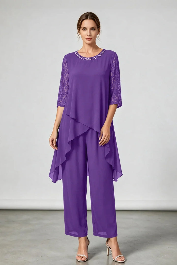 Pfauenblaues, geschichtetes Chiffon-Jumpsuit mit Perlenkragen