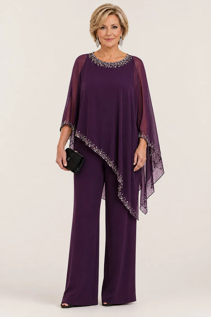 Hosenanzug mit Chiffon-Cape mit Perlen und weitem Bein