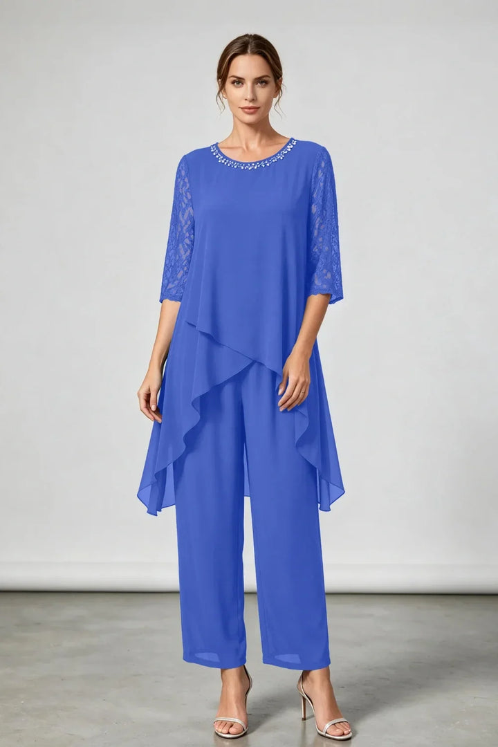 Pfauenblaues, geschichtetes Chiffon-Jumpsuit mit Perlenkragen