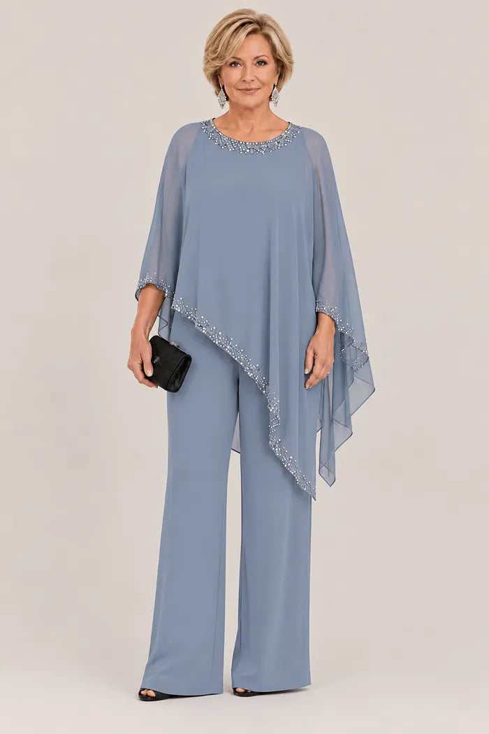 Hosenanzug mit Chiffon-Cape mit Perlen und weitem Bein