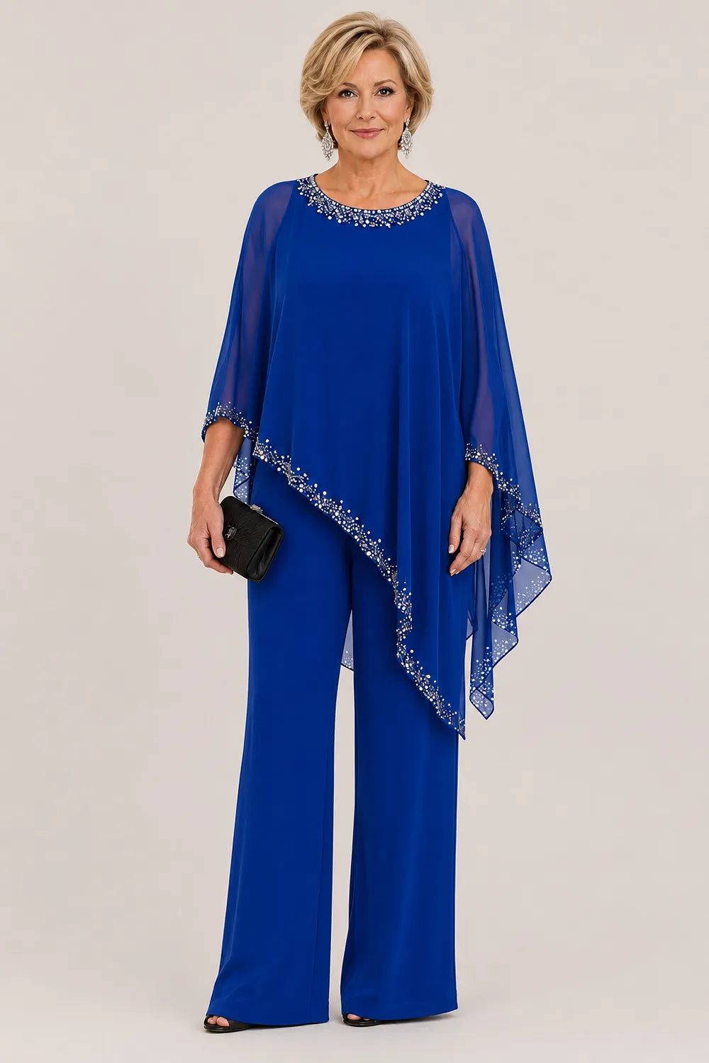 Hosenanzug mit Chiffon-Cape mit Perlen und weitem Bein