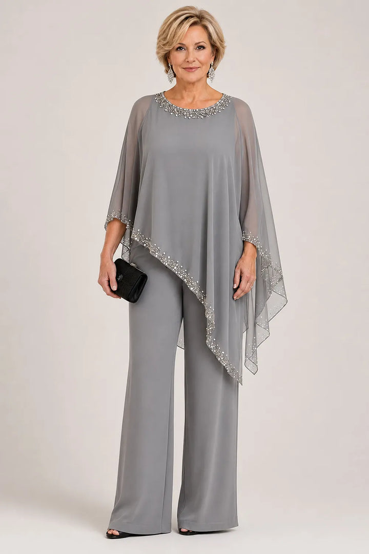 Hosenanzug mit Chiffon-Cape mit Perlen und weitem Bein