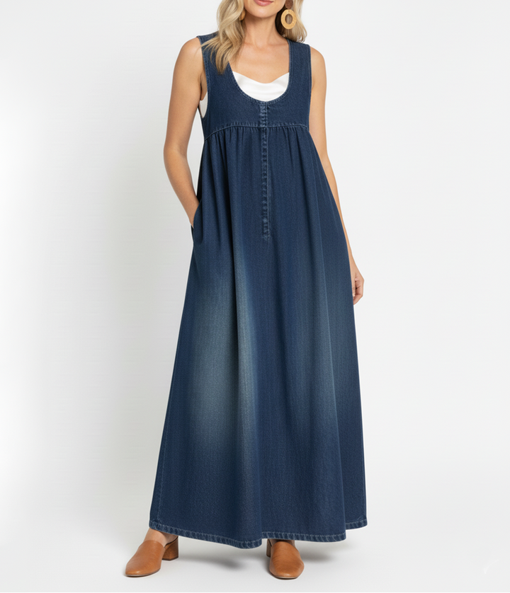 Karen | Vintage-Washed Denim Maxikleid mit einem Hauch von weichem Baumwollstoff