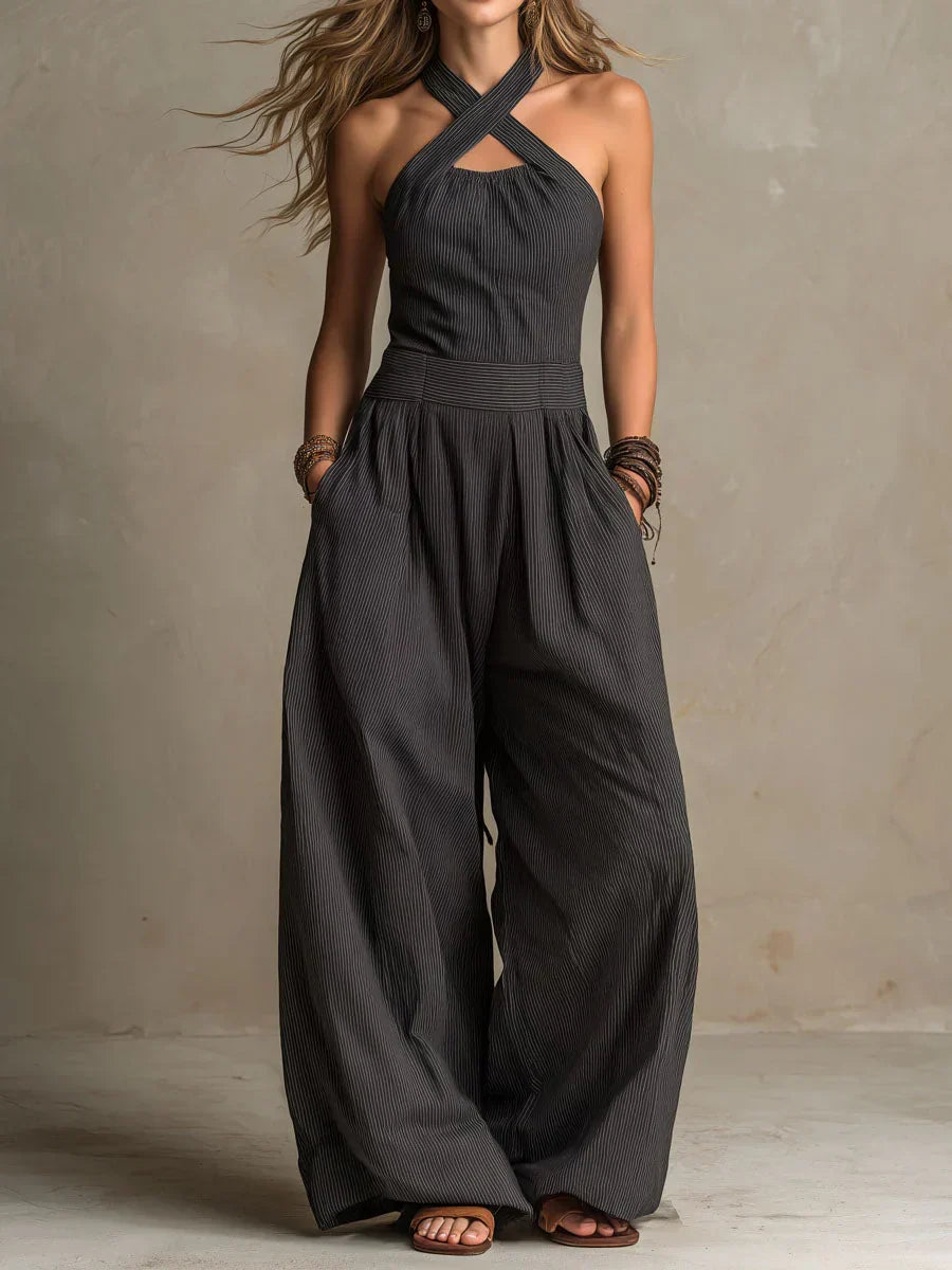 Bianca | Elegante Latzhose aus Leinen und Baumwolle mit Wickelausschnitt