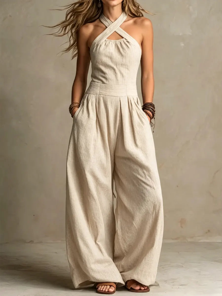 Bianca | Elegante Latzhose aus Leinen und Baumwolle mit Wickelausschnitt