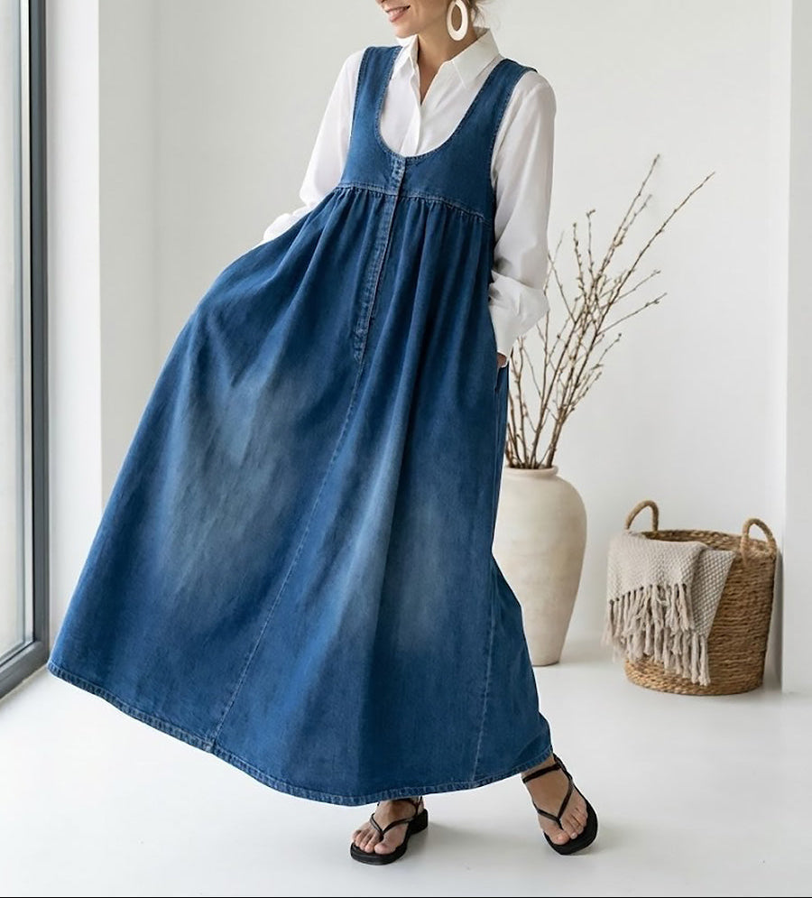 Karen | Vintage-Washed Denim Maxikleid mit einem Hauch von weichem Baumwollstoff