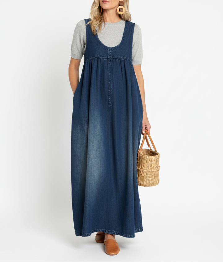 Karen | Vintage-Washed Denim Maxikleid mit einem Hauch von weichem Baumwollstoff
