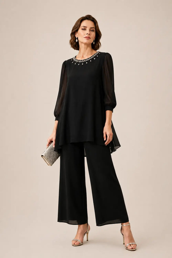 Gestuftes Chiffon-Jumpsuit mit Perlen und Dreiviertelärmeln
