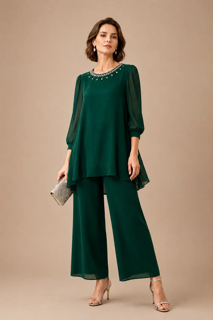 Gestuftes Chiffon-Jumpsuit mit Perlen und Dreiviertelärmeln