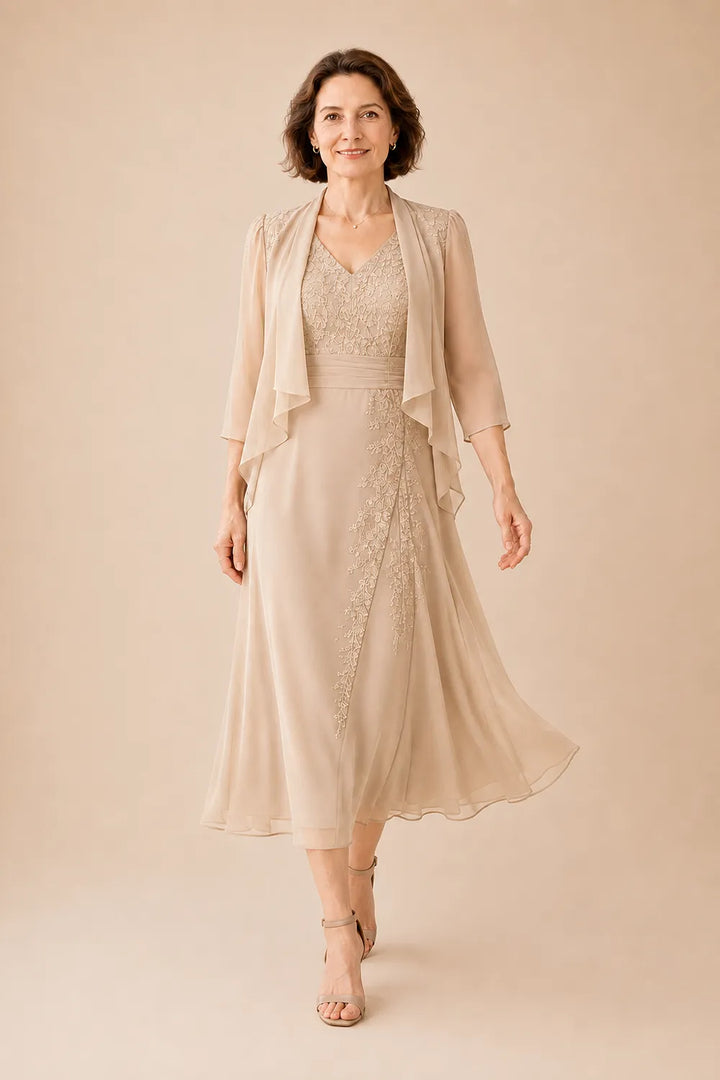 Chiffon-Midi-Kleid mit V-Ausschnitt und Spitzen-Details