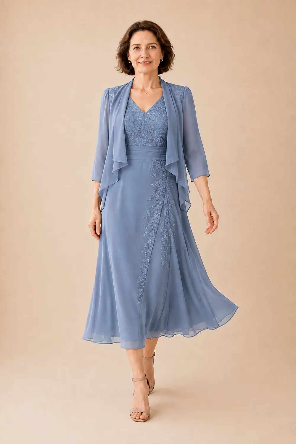 Chiffon-Midi-Kleid mit V-Ausschnitt und Spitzen-Details