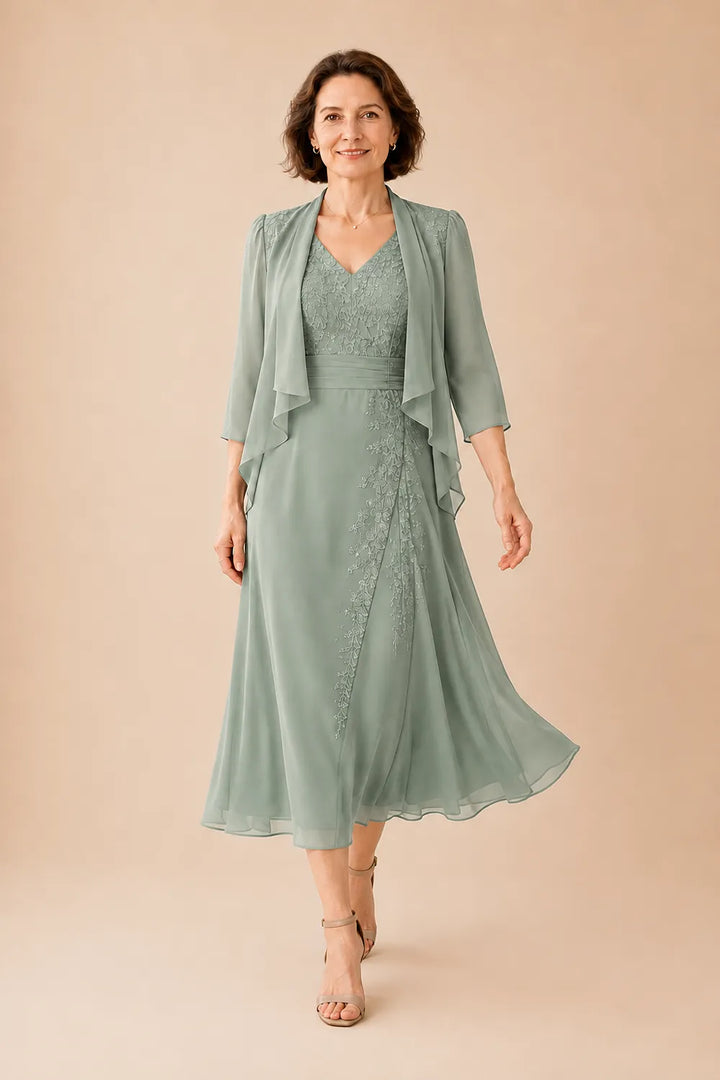 Chiffon-Midi-Kleid mit V-Ausschnitt und Spitzen-Details