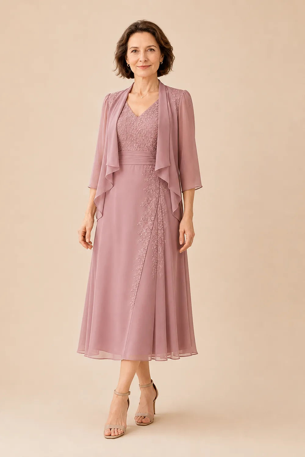Chiffon-Midi-Kleid mit V-Ausschnitt und Spitzen-Details