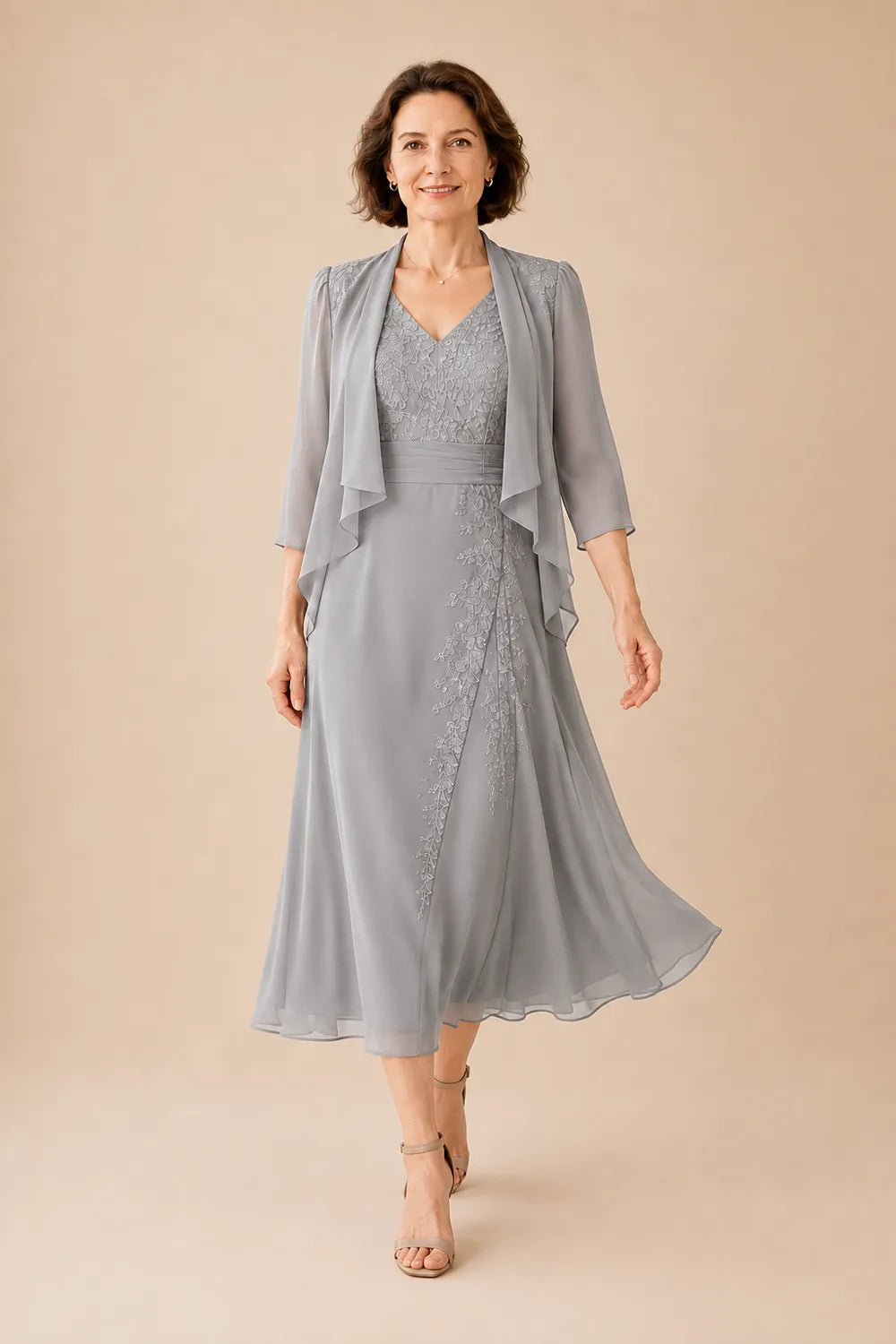 Chiffon-Midi-Kleid mit V-Ausschnitt und Spitzen-Details