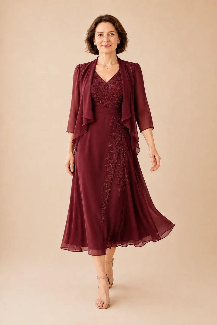 Chiffon-Midi-Kleid mit V-Ausschnitt und Spitzen-Details