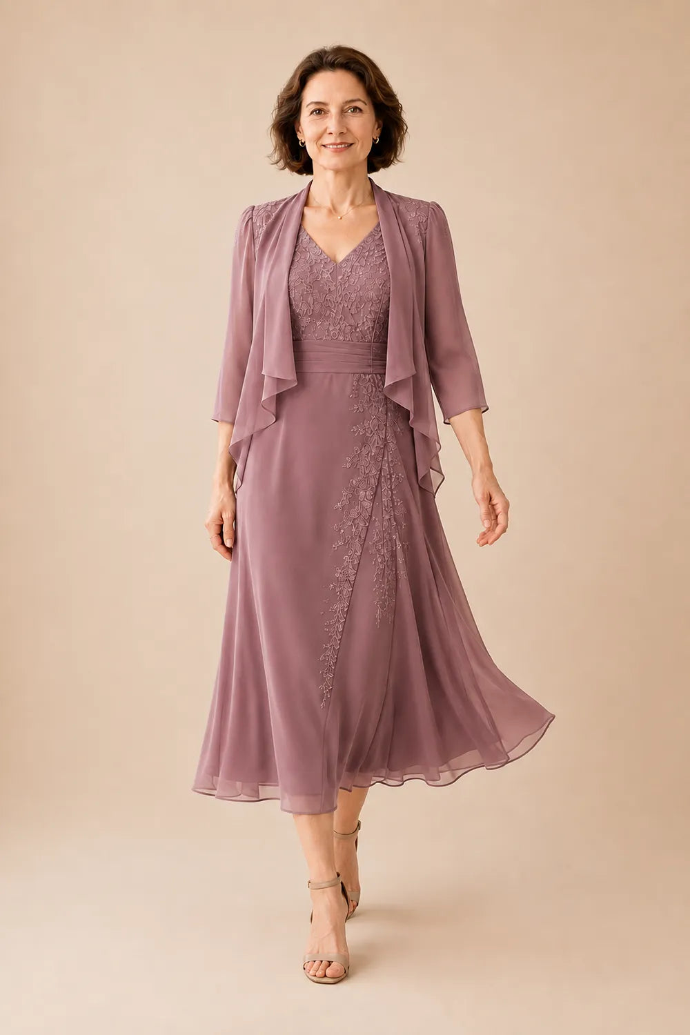 Chiffon-Midi-Kleid mit V-Ausschnitt und Spitzen-Details