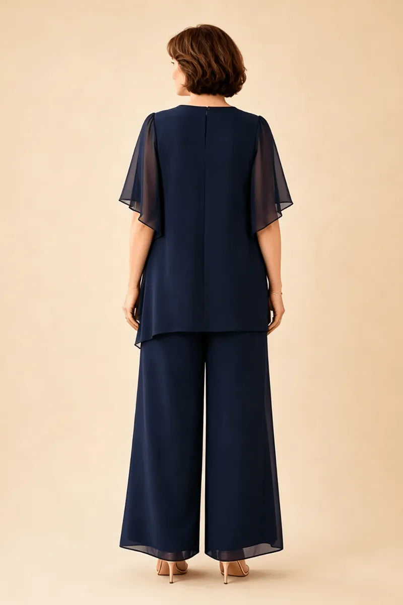 Hosenanzug mit Chiffon-Overlay und dekorativem Schlüssel-Ausschnitt
