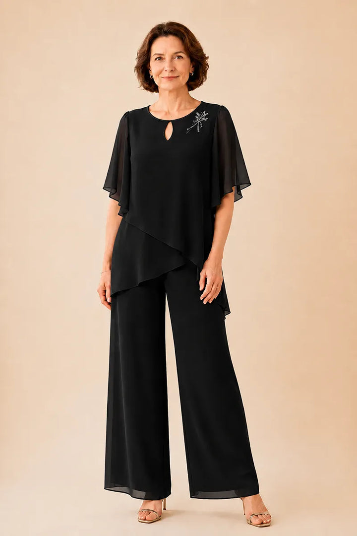 Hosenanzug mit Chiffon-Overlay und dekorativem Schlüssel-Ausschnitt