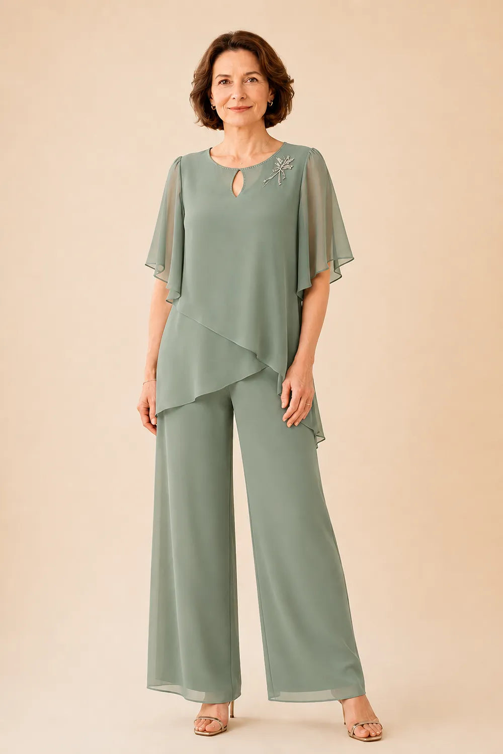 Hosenanzug mit Chiffon-Overlay und dekorativem Schlüssel-Ausschnitt