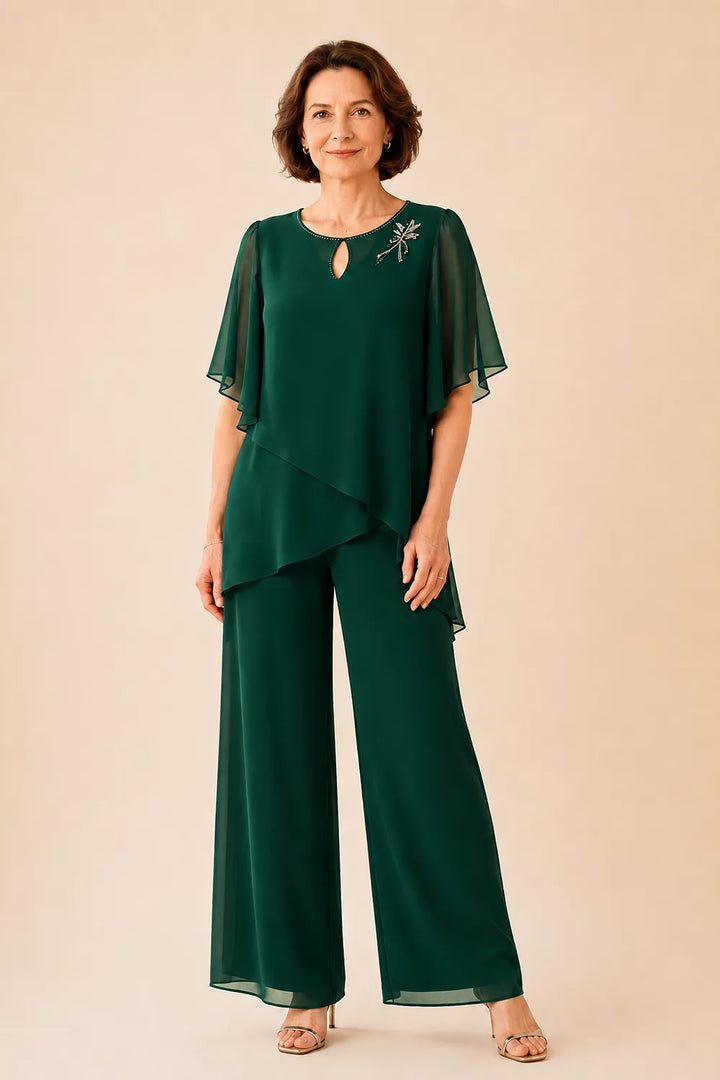 Hosenanzug mit Chiffon-Overlay und dekorativem Schlüssel-Ausschnitt