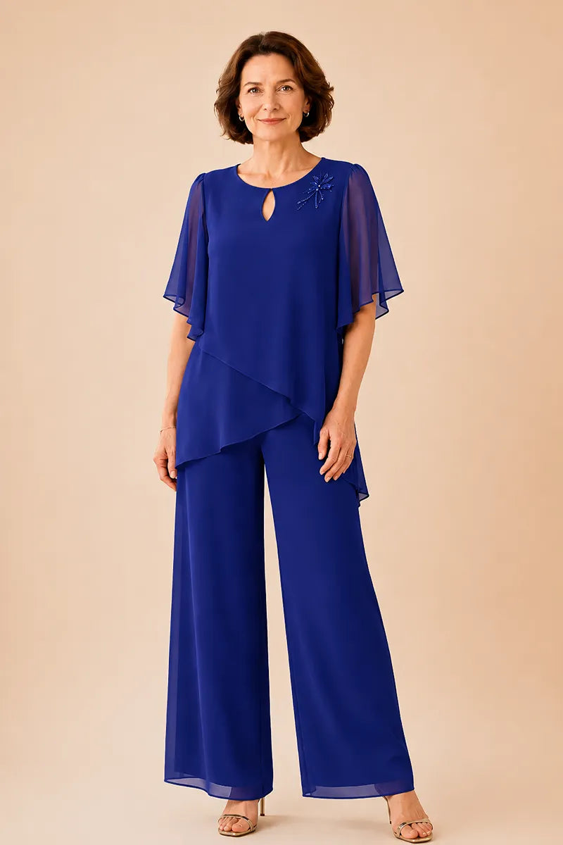 Hosenanzug mit Chiffon-Overlay und dekorativem Schlüssel-Ausschnitt
