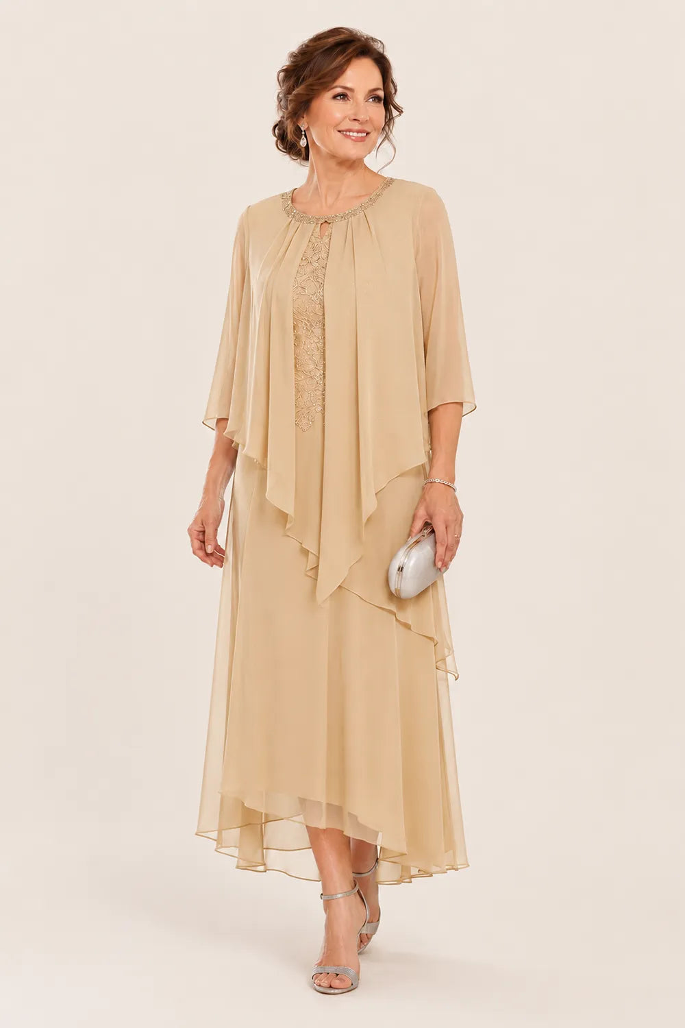 Genevieve drapierte Midi-Kleid mit Chiffon-Overlay