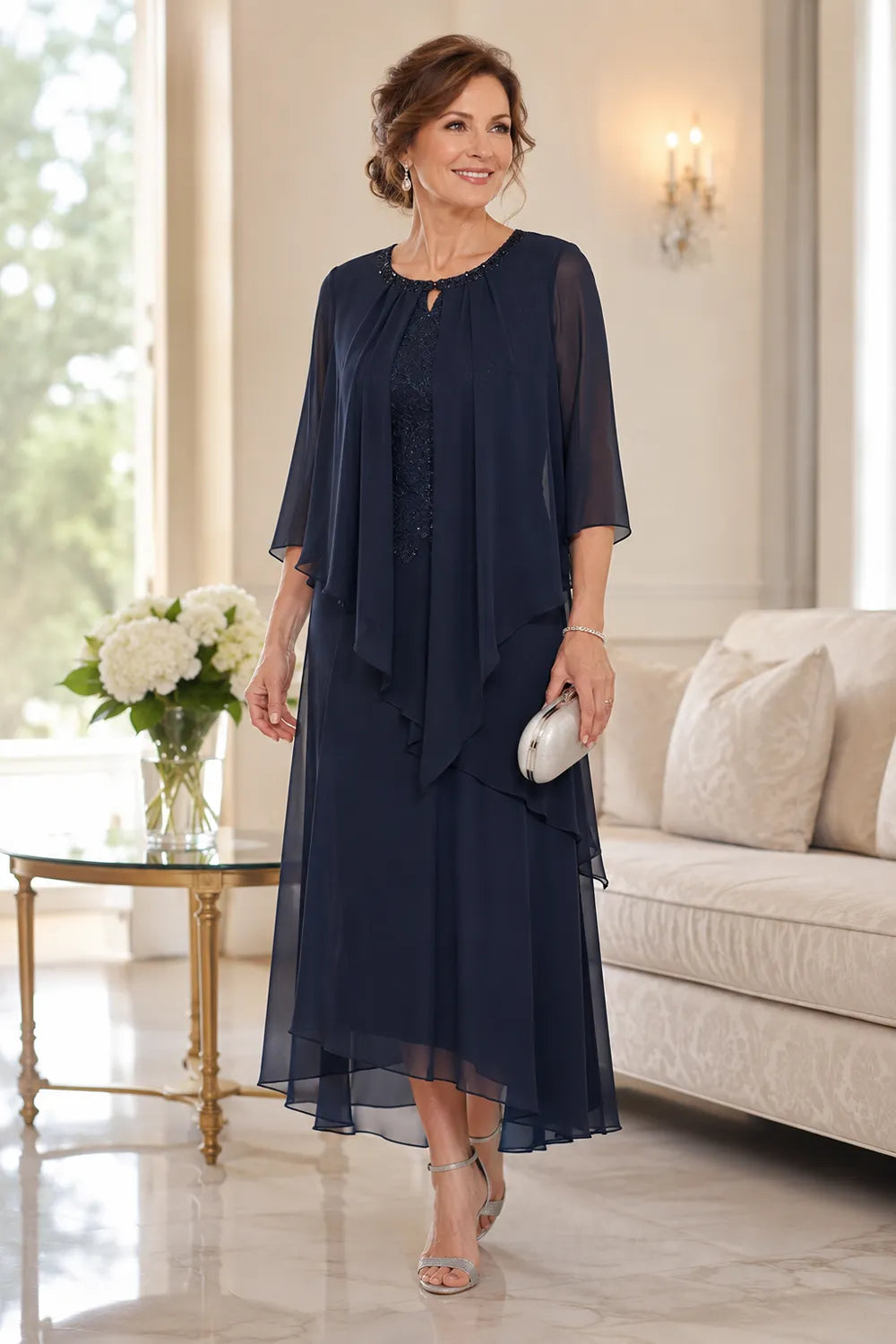 Genevieve drapierte Midi-Kleid mit Chiffon-Overlay