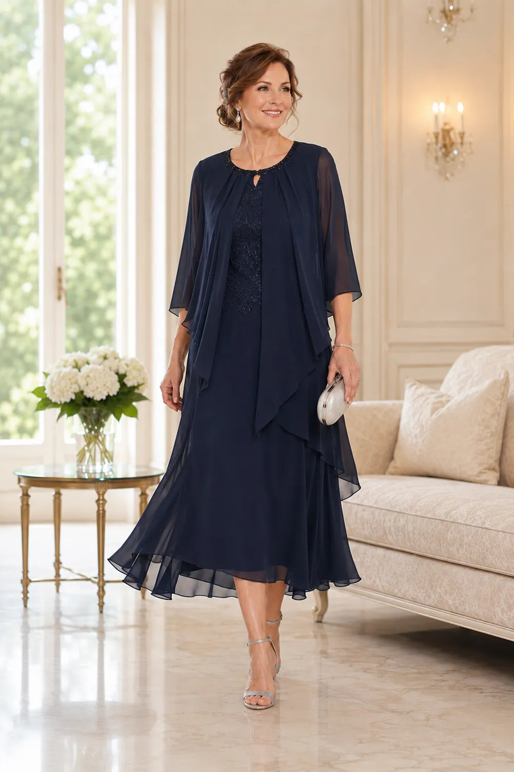 Genevieve drapierte Midi-Kleid mit Chiffon-Overlay