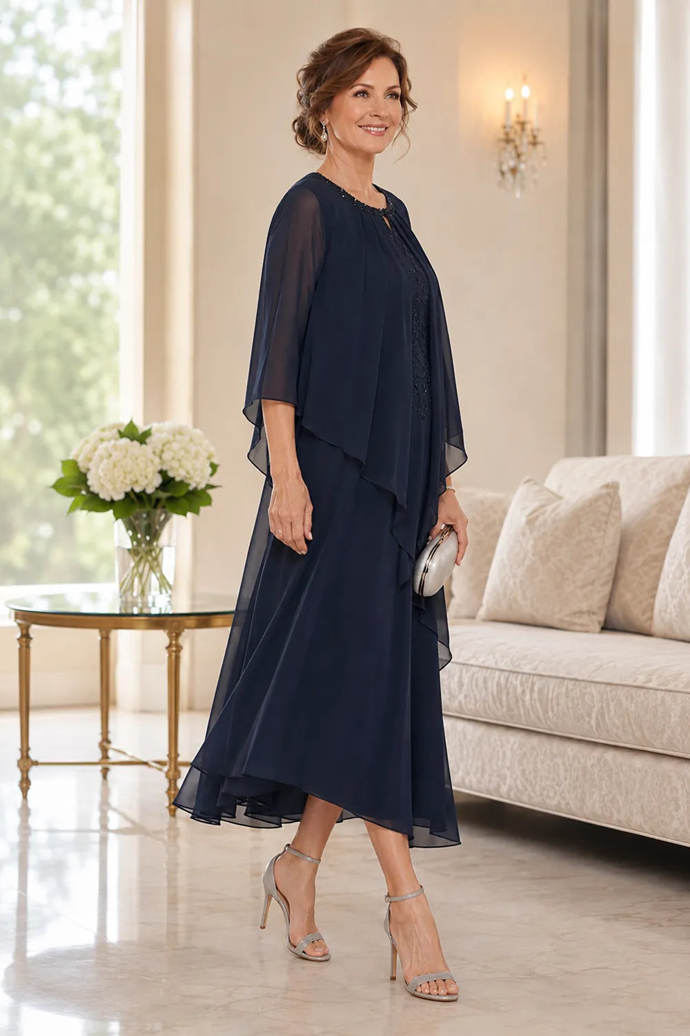 Genevieve drapierte Midi-Kleid mit Chiffon-Overlay