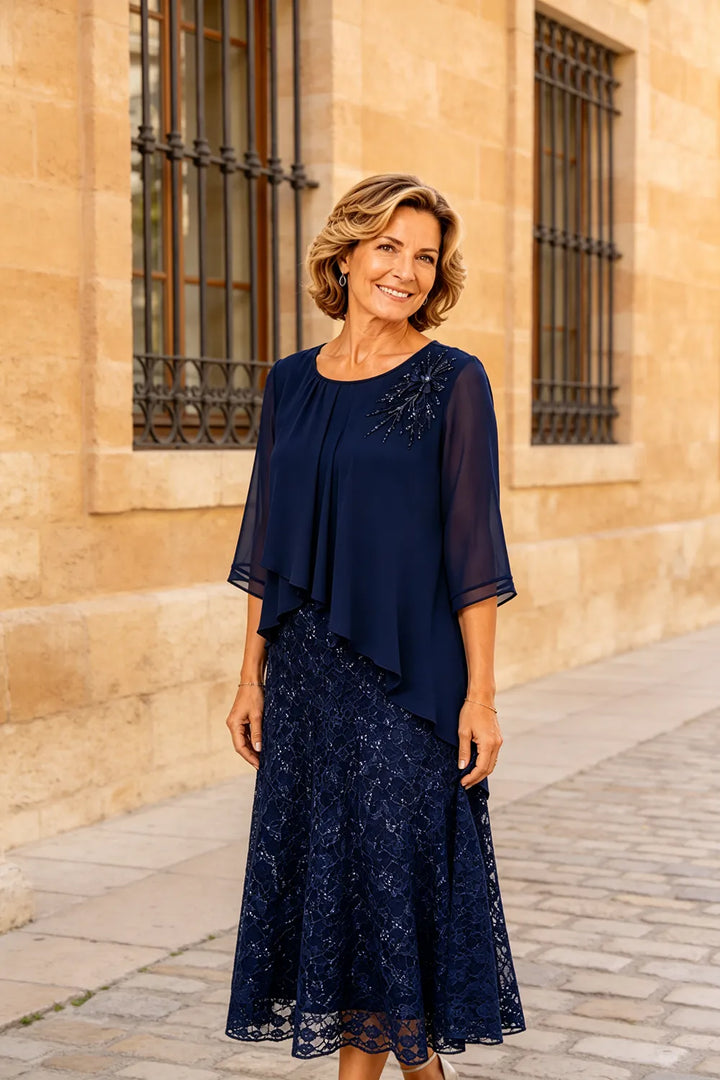 Chiffonkleid für die Mutter der Braut mit Spitzenoverlay