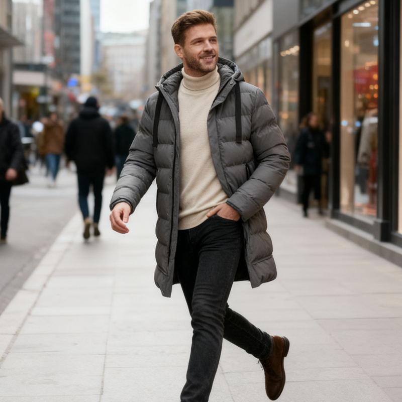 Leon™ | Lange Herren-Steppjacke mit Kapuze