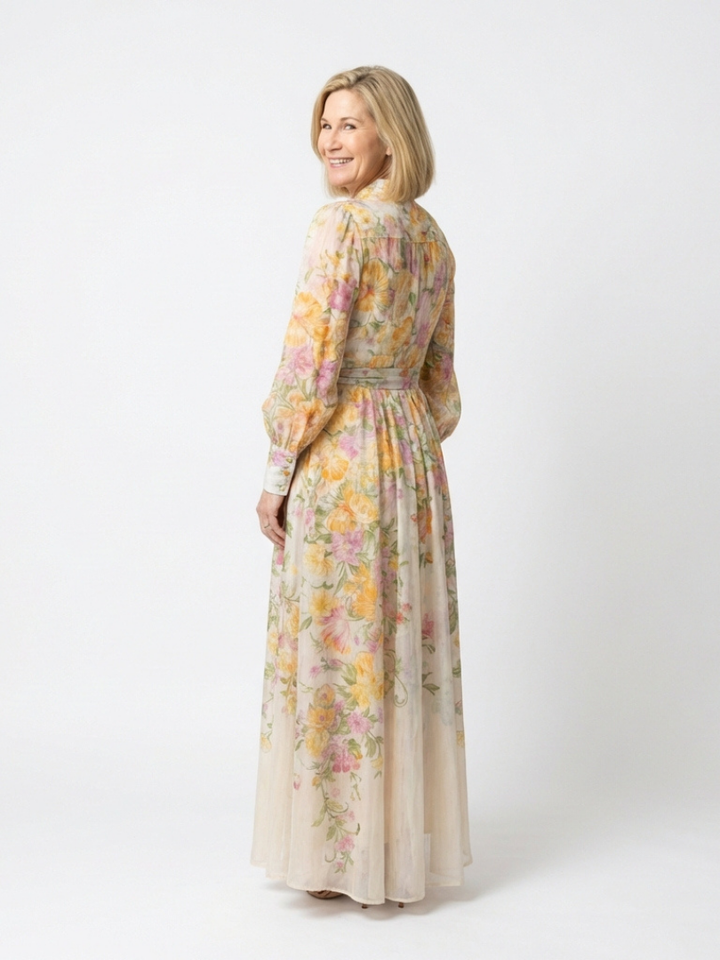 Cressida – Transparentes Maxikleid mit Blumendruck und langen Ärmeln