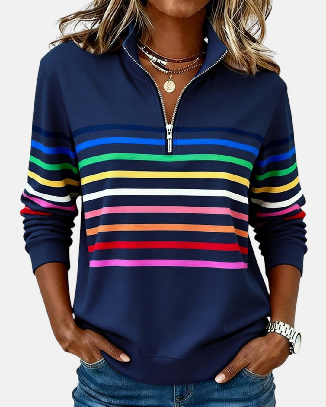 Jeanette | Gestreifter Sweatshirt mit Reißverschlusskragen